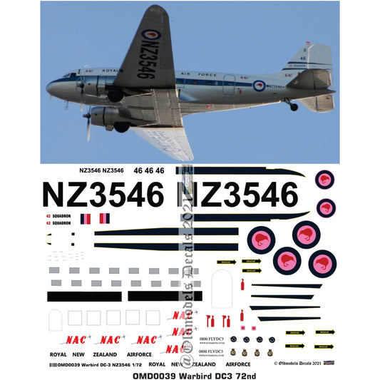 OMD0039 NZ Warbird DC-3 RNZAF Colours 1/72 Decals