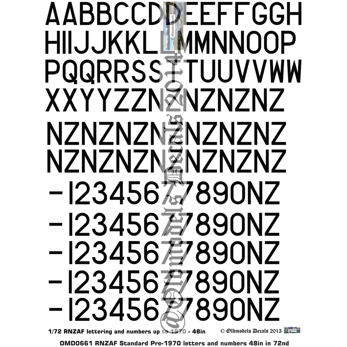 OMD0661 RNZAF Pre-1970 Letters & Numbers 48in 1/72 Decals