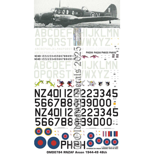 OMD0784 RNZAF Anson 1944 to 1949 incl RAF PH600 and PH899, 1/48 Decals