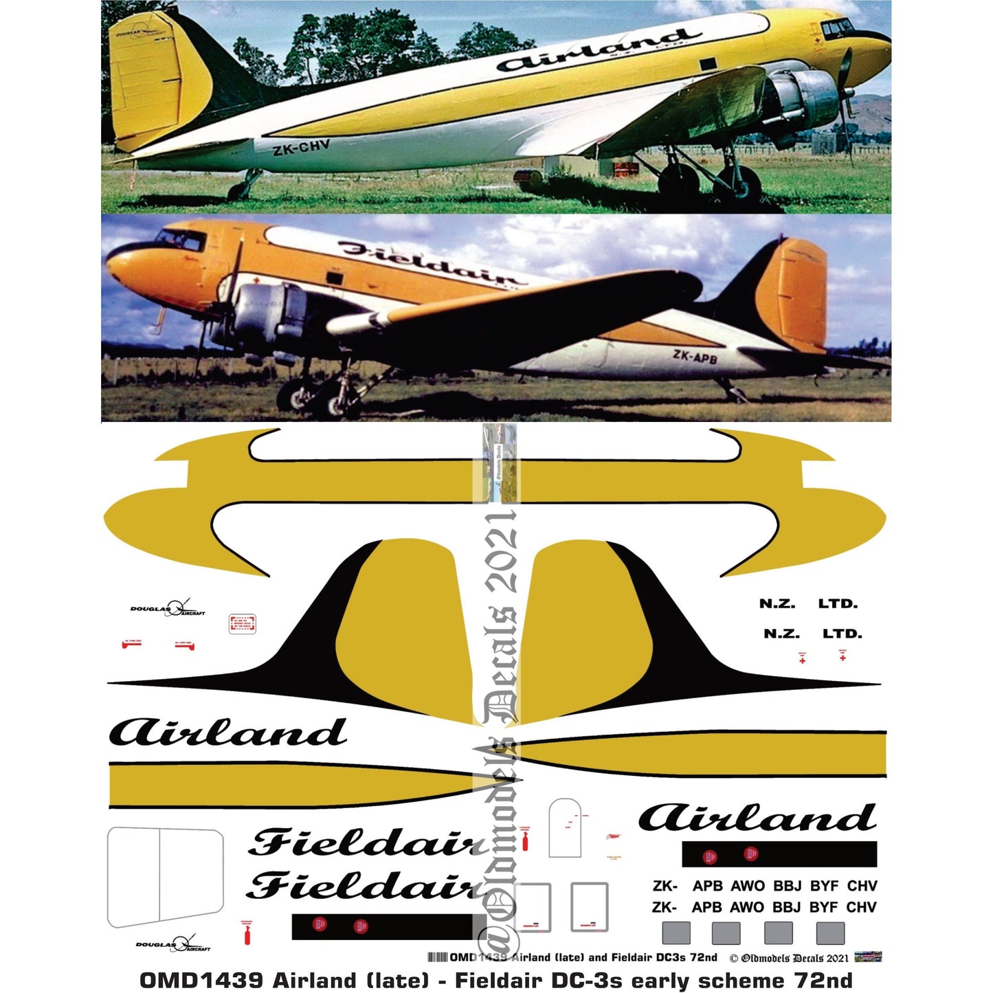 OMD1439 Airland NZ LTD DC-3 1/72 Decals