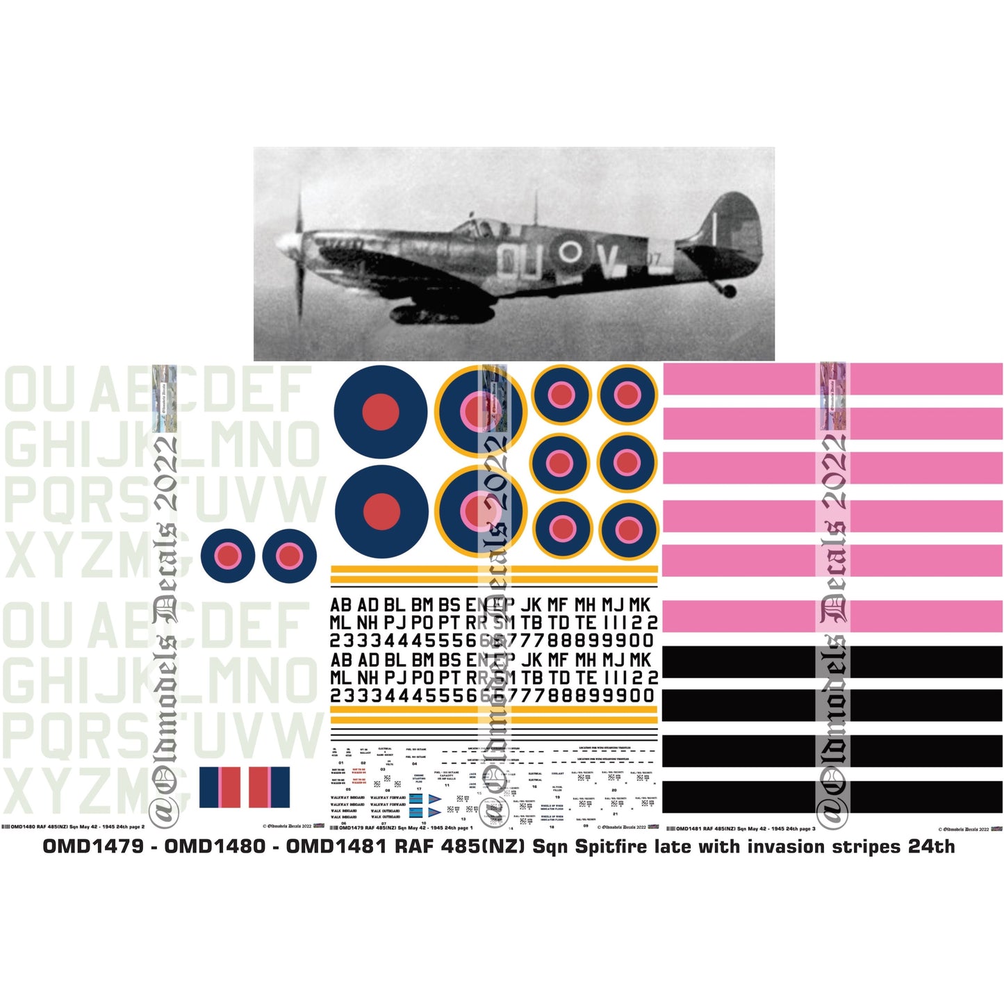 OMD1479 - OMD1480 - OMD1481 RAF 485(NZ) Sqn Spitfires May 42-1945 with Invasion stripes 1/24 Decals