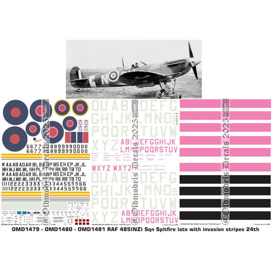 OMD1479 - OMD1480 - OMD1481 RAF 485(NZ) Sqn Spitfires May 42-1945 with Invasion stripes 1/24 Decals