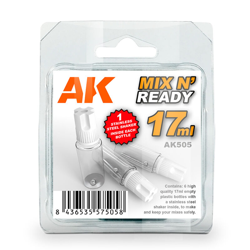 505 Ak Interactive - Complements - Mix And Ready - Acrylics (6 Empty. 17ml Jars With Shaker Ball)