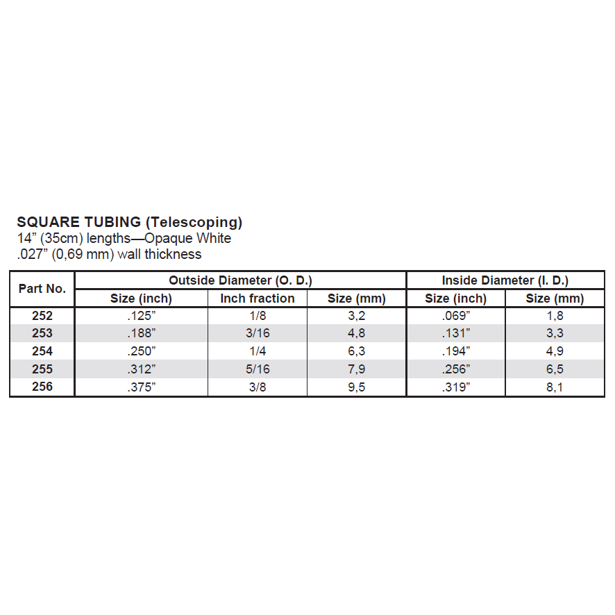 Square Tubing (Telescoping) 14” (35 cm) Length - Opaque White Polystyrene