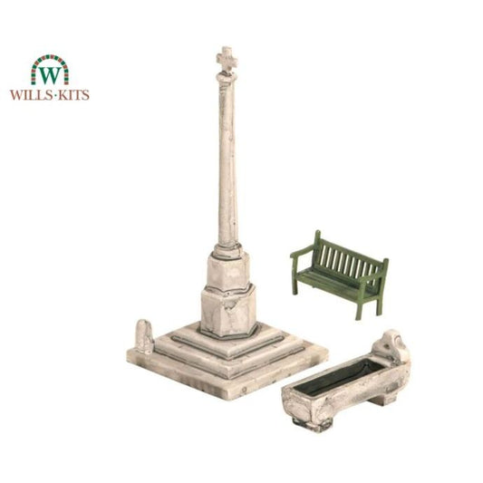 SS72 Wills OO Scale Village Scene - Bench, Horse Trough & Village Cross